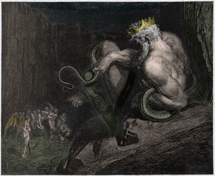 Inferno, Canto 5: Minosse giudica le trasgressioni e invia le anime, illustrazione dalla Divina Commedia di Dante Alighieri, 1885